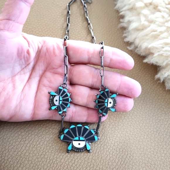 Stunning Native American Zuni Inlaid Headdress Vintage Turquoise Necklace 💙🖤🎁 - Picture 11 of 14